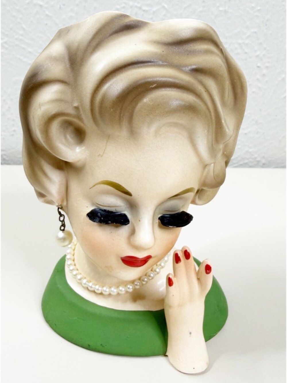VTG Ardco 6" Lady Head Vase Planter Green Dress Pearl Earrings Ceramic Japan GUC